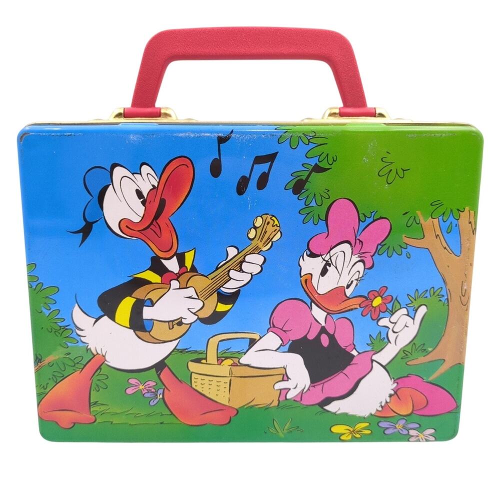 Vintage Disney Donald & Daisy Duck Metal Lunchbox Tin Matacards Picnic Fishing